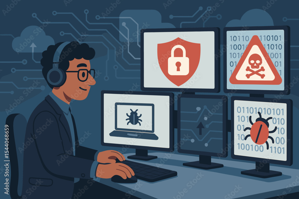 Poster cybersecurity specialist monitoring multiple computer screens for malware, data breach, virus attack