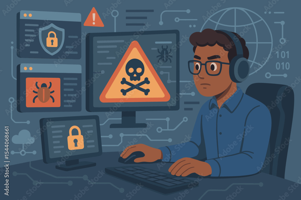 Aufkleber cybersecurity expert monitoring digital threats at computer workstation. hacker alert, malware warni