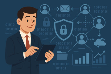 Businessman Uses Tablet for Cyber Security Analysis, Data Protection, Network Connection, Cloud Storage, Digital Privacy, Encryption, Secure Communication, Vector Illustration