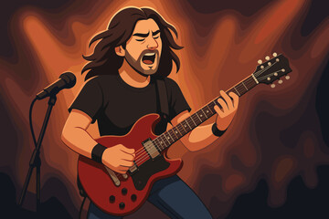 Rock guitarist playing electric guitar on stage with dynamic lighting, concert performance, music band show, energetic musician cartoon, vector illustration for poster or flyer design