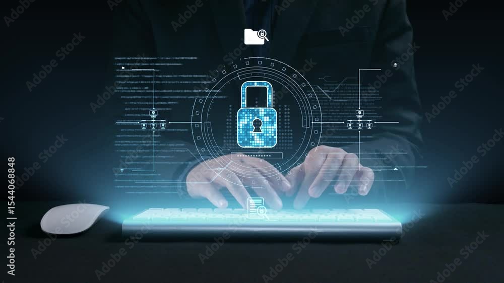 Poster a focused individual engages with a keyboard while surrounded by glowing digital elements symbolizin