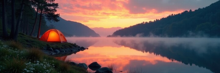 Misty lake at sunset, peaceful campsite nestled amongst trees, sky, peaceful, still