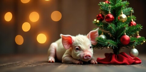 Adorable piglet rests near a decorated miniature Christmas tree Warm holiday setting , holidaycard, card