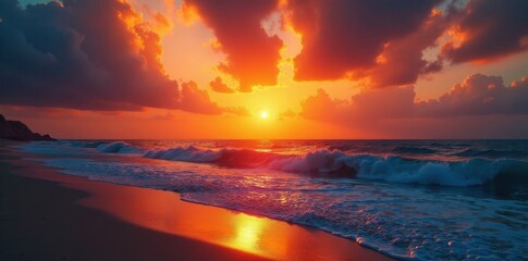 Fiery orange sunset paints the sky, waves gently lap the shore , nature, twilight