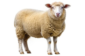 Fototapeta premium A fluffy tan sheep standing on a white background