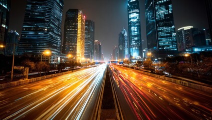 Fototapeta premium Dynamic Cityscape Nighttime Highway with Streaking Lights