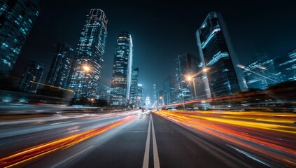 Fototapeta premium Vibrant light trails illuminate a modern city street at night, capturing the dynamic energy and architectural grandeur of skyscrapers in a bustling metropolis.