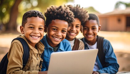 Happy boys using laptop outdoors.