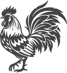 Stylized Rooster Silhouette with Ornate Feathers Standing Proudly A Symbol of Farm Life and Morning Calls