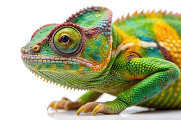 Fototapeta premium Vibrant panther chameleon close up studio shot on white background