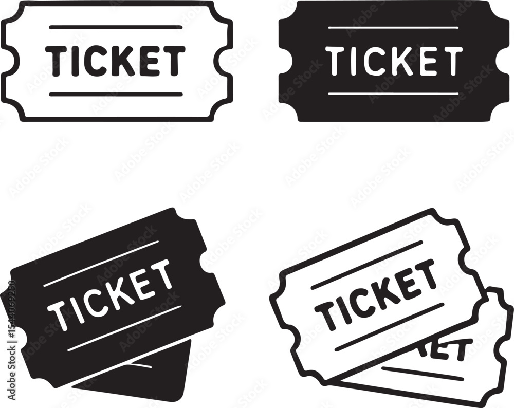 Poster ticket illustrations of event admission vouchers depicted with varying visual styles and arrangement