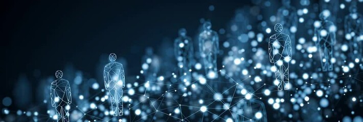 Abstract glowing connections and social network icons on a dark background, a banner design with a copy space area A big data technology concept of human figurines connected Generative AI - Powered by Adobe
