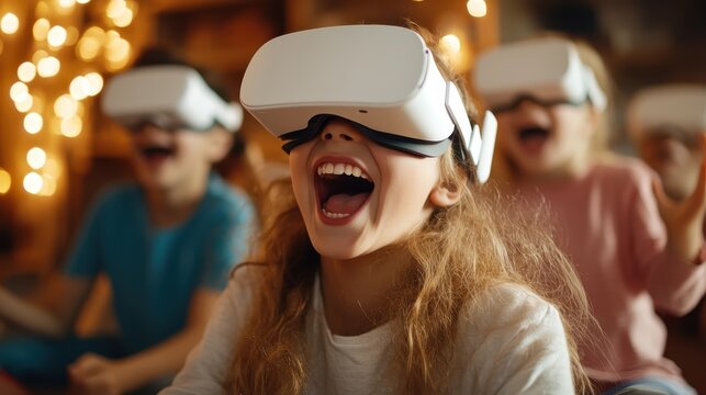A joyful group of children immersed in the exciting world of virtual reality, showcasing the thrill and wonder of modern technology and gaming experiences. - Powered by Adobe