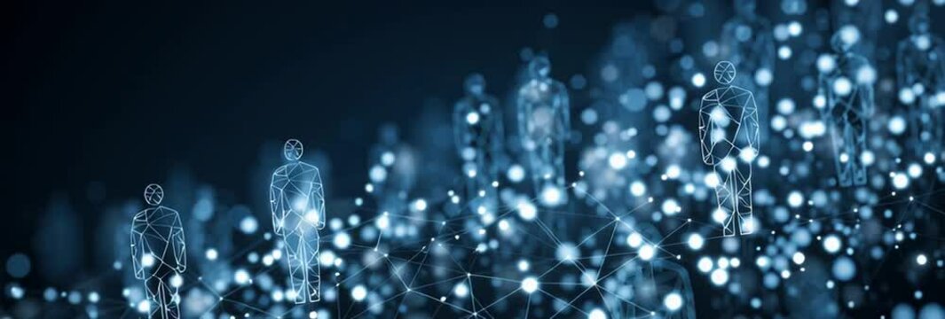 Abstract glowing connections and social network icons on a dark background, a banner design with a copy space area A big data technology concept of human figurines connected Generative AI