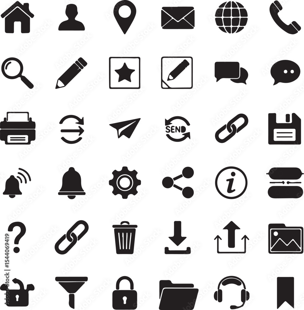 Poster set of modern black and white vector icons for user interface design and development projects websit