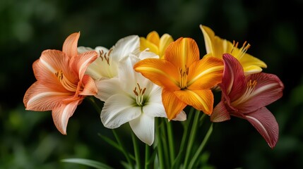 Fototapeta premium A beautiful arrangement of colorful lily flowers showcasing hues of orange, white, and yellow, embodying freshness, joy, and the beauty of nature in a garden setting.