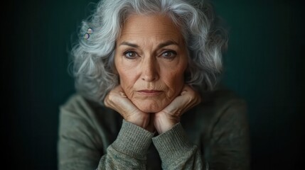 A close-up portrait of a thoughtful elderly woman with silver hair and deep eyes, conveying a sense of wisdom and reflection, capturing the essence of a life well-lived.