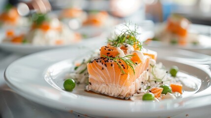 A gourmet presentation of salmon served on a plate, elegantly garnished with herbs and vegetables, exuding quality and culinary artistry in a fine dining experience.