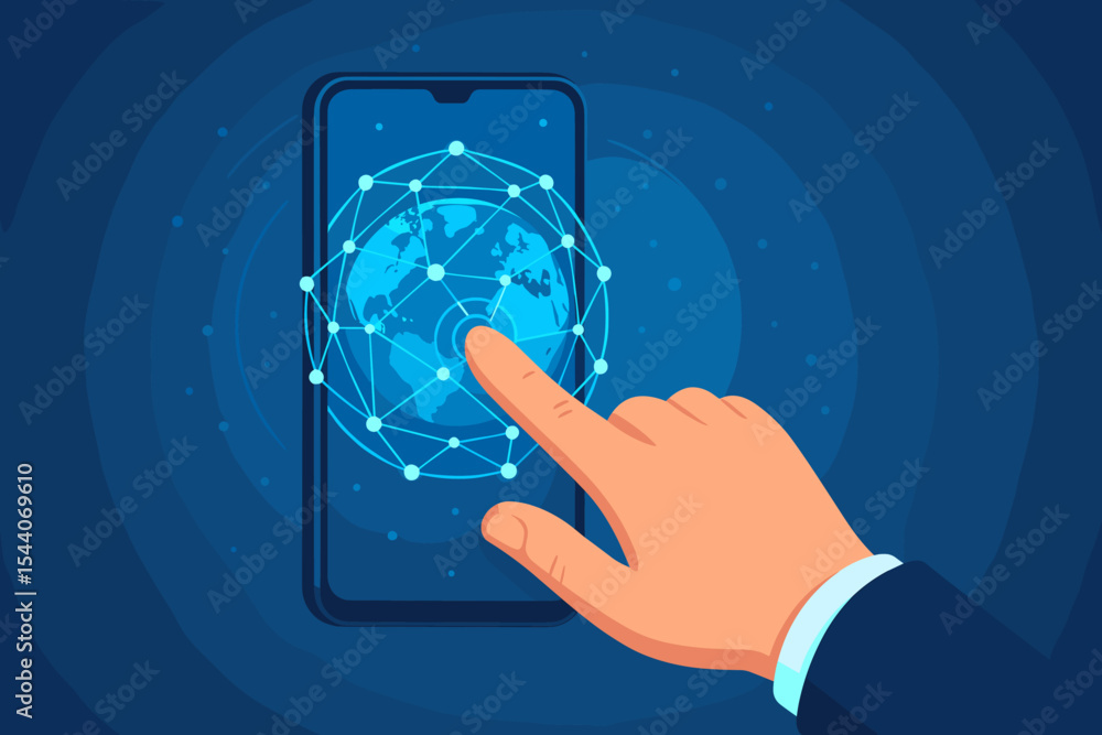 Poster hand touching smartphone screen with global network connection, secure internet access, digital comm
