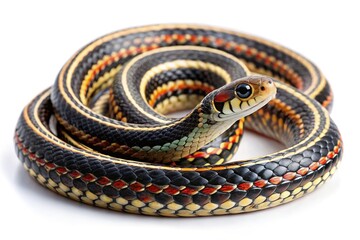 Obraz premium Closeup of a coiled eastern ribbon snake on white background
