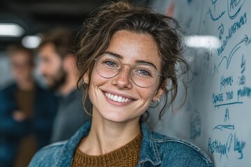Julia, a woman with glasses, is smiling at the camera. She is part of a diverse team of professionals brainstorming together.