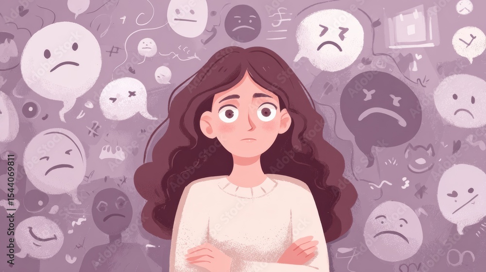 Poster common mood triggers and coping responses illustrated with a girl surrounded by various emotions and