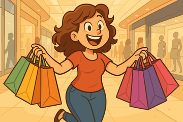 Happy young woman shopping spree cartoon. Smiling female holding colorful bags. Excited customer in shopping mall, retail therapy joy, consumer lifestyle, modern commercial center vector illustration