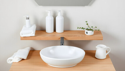 Minimalist Ceramic Sink and Wooden Vanity Shelf Design