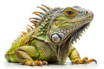 Obraz premium Closeup of a vibrant green iguana with detailed scales and sharp claws isolated on white background