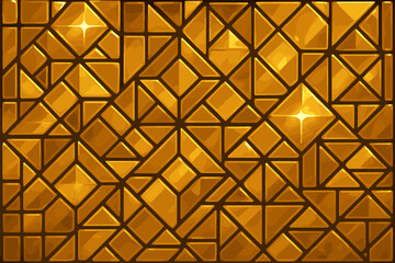 Radiant golden mosaic glass texture with luminous geometric patterns, abstract stained glass reflections, luxury seamless background, art deco style, vector illustration, decorative design