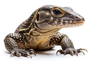 Obraz premium Closeup of a young yellow spotted monitor lizard on white background