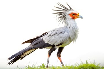 Obraz premium Secretary bird in profile on grass against white background