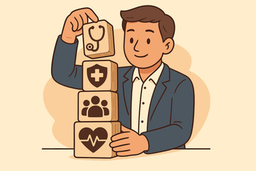 Businessman stacking wooden blocks with healthcare icons. Health insurance concept, employee benefits, corporate wellness program, medical services, family care, and well-being.