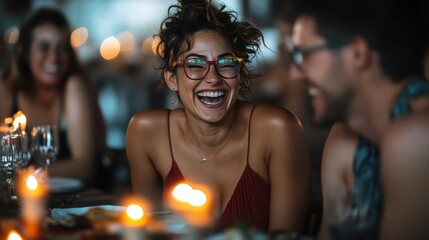 A joyful woman with glasses is laughing at a dinner table shared with friends, creating a lively and warm atmosphere filled with happiness and companionship.