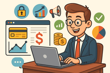 Businessman at Desk Laptop Analyzing Online Banking Finance Data, Digital Marketing, Growth Charts, Credit Card Security, Money Coins, Communication Icons, Flat Vector Illustration
