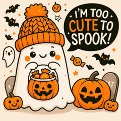 Adorable ghost in a knit hat with pumpkins and candy, saying "I'm too cute to spook!"—ideal for Halloween apparel, party invites, and festive social posts.