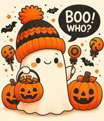 Cute ghost in a cozy hat surrounded by pumpkins and candy, saying "Boo! Who?"—perfect for Halloween cards, kids' party invites, and seasonal merch.