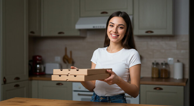 A smiling woman in a kitchen holding two pizza boxes ready to serve in a modern styled home setting