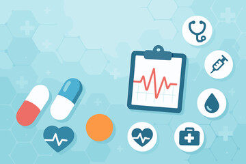 Medical and healthcare concept background with pills, cardiogram, and flat icons. Vector illustration for cardiology, pharmacy, hospital, clinic. Includes stethoscope, syringe.
