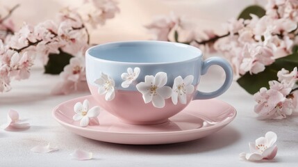 Fototapeta premium Delicate pink and light blue teacup adorned with cherry blossom decorations.