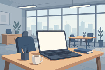 Modern office workspace interior with a laptop featuring a blank screen. Corporate workplace desk with computer mockup, city view background. Vector cartoon illustration for business.