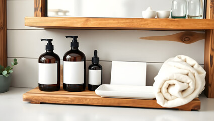 Rustic Bathroom Vanity Setup with Reclaimed Wood Shelf and Organic Bath Products