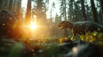 A realistic depiction of a dinosaur roaming through a lush forest, with golden sunlight filtering through the trees, capturing a sense of adventure and exploration.