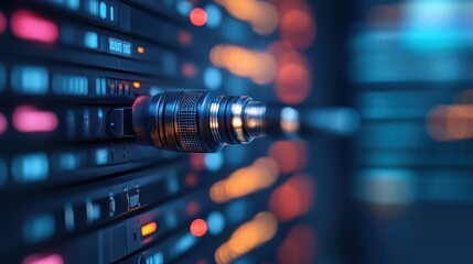 A close-up view of a microphone amidst server equipment, highlighting the intersection of technology and sound in a modern data-driven environment, rich with vibrancy.