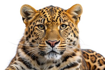 Obraz premium Close up portrait of an amur leopard against a white background