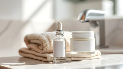 Natural Skincare Products Serum, Cream, and Towel on Marble Surface