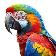 Vibrant scarlet macaw portrait against white background