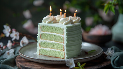 Layered green cake with candles and floral elements. A slice of layered green cake with frosting and candles on top, surrounded by delicate flowers, creating a festive and elegant look.