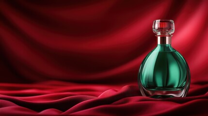 This image showcases a luxurious green perfume bottle elegantly placed on deep red fabric, highlighting a sense of sophistication and allure in the composition.