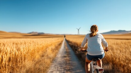 A cyclist rides through vast golden wheat fields under a bright sky, embodying freedom and adventure in a beautiful rural landscape filled with sunlight.